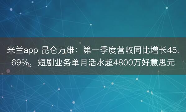 米兰app 昆仑万维：第一季度营收同比增长45.69%，短剧业务单月活水超4800万好意思元